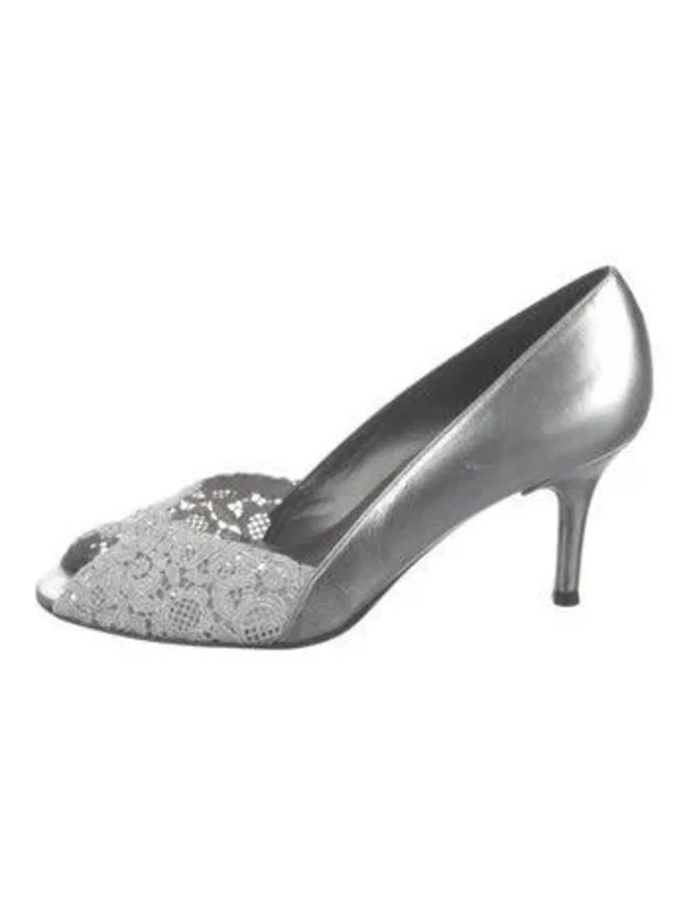 Stuart Weitzman Silver Lace Peep-Toe Heel